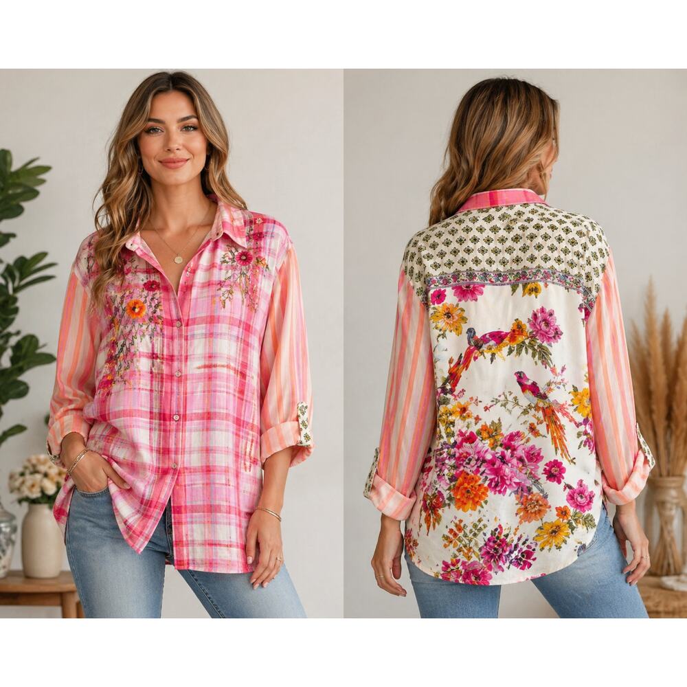 John Mark Embroidered Mixed Print Shirt Pink Plaid Floral Boho L